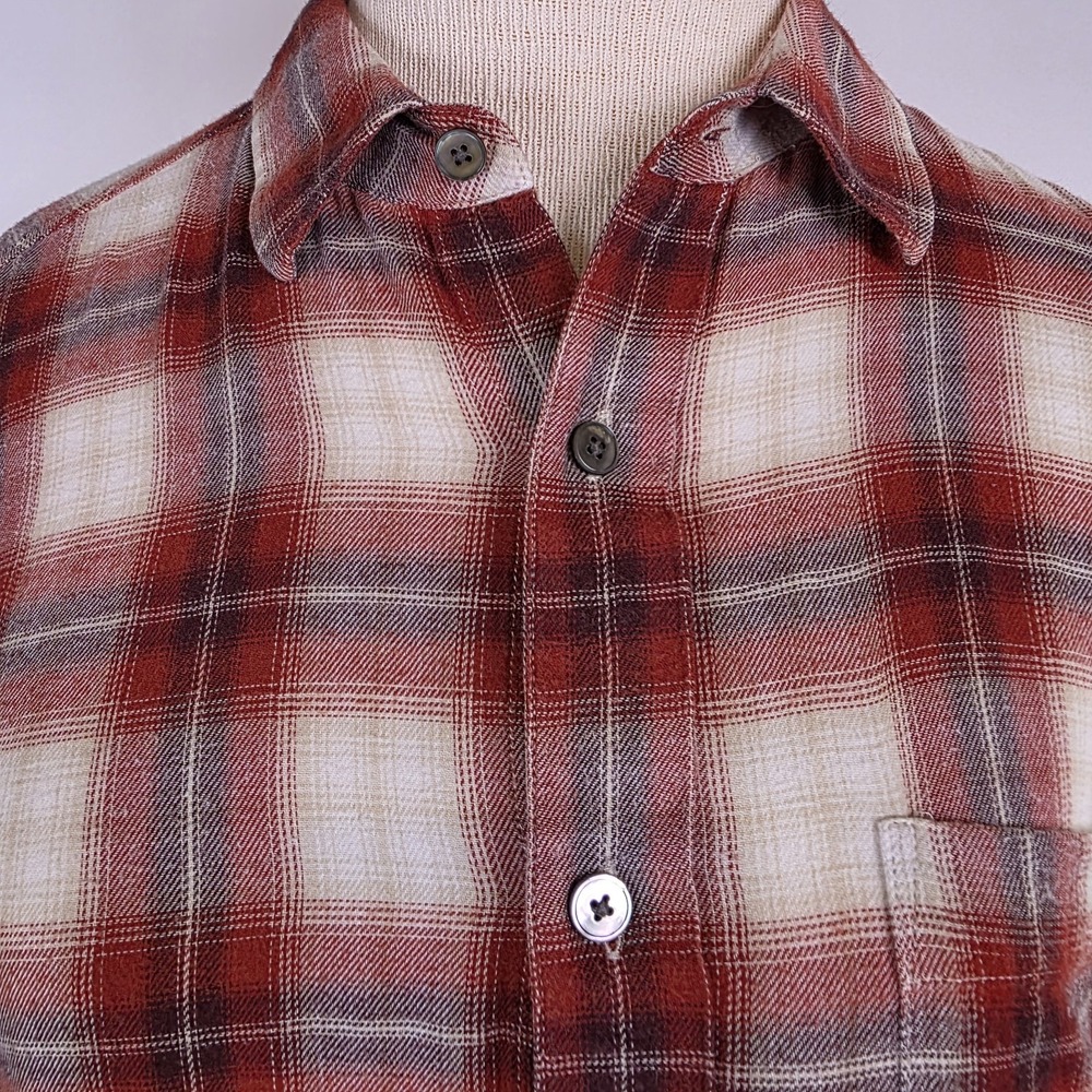 FRAME Slim Plaid Flannel Shirt Red Cream‎ Distressed Hem Button Up Medium - Picture 2 of 10